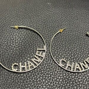 CHANEL Silver Logo Hoop Earrings
